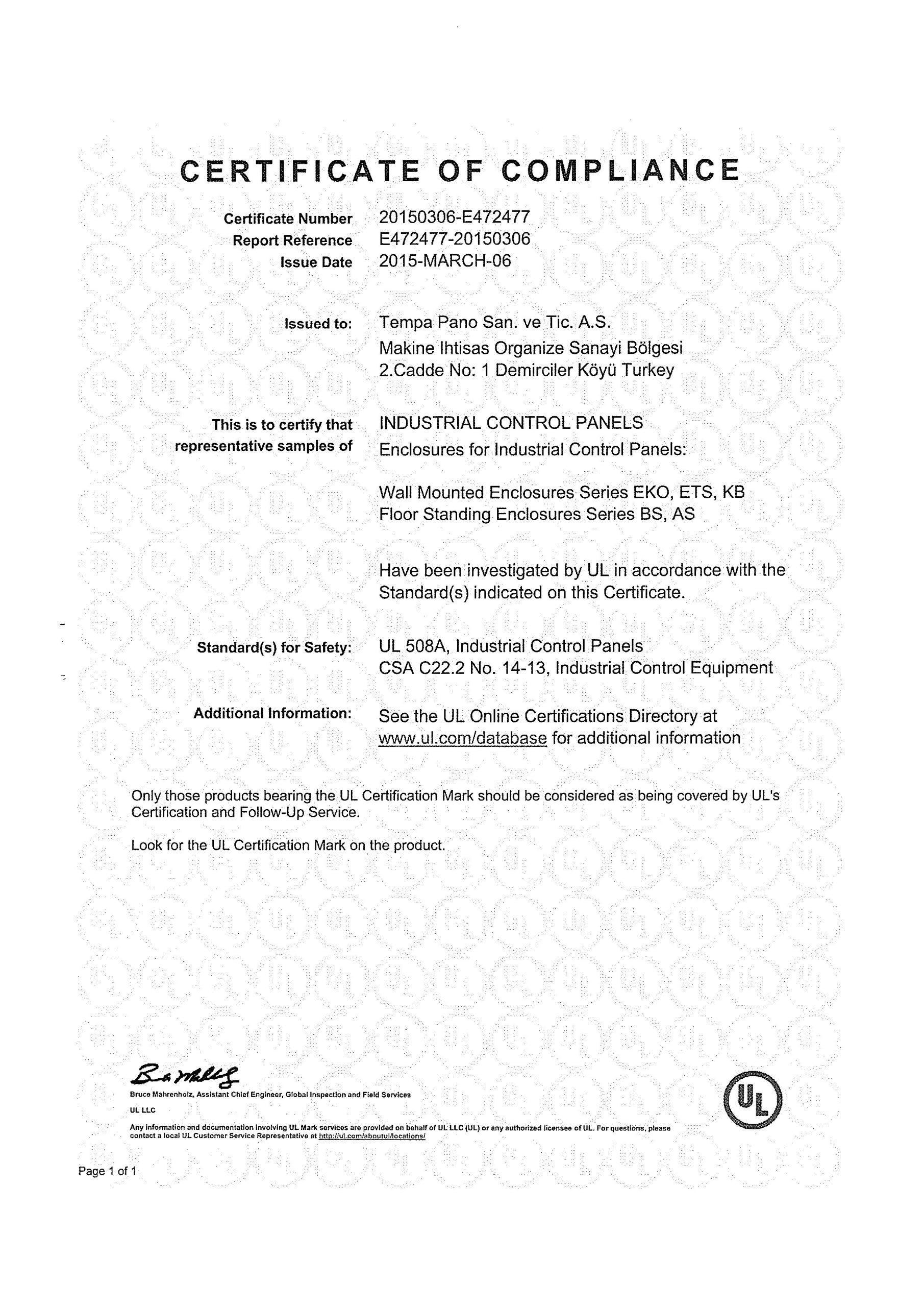 UL Cert.of Compliance​